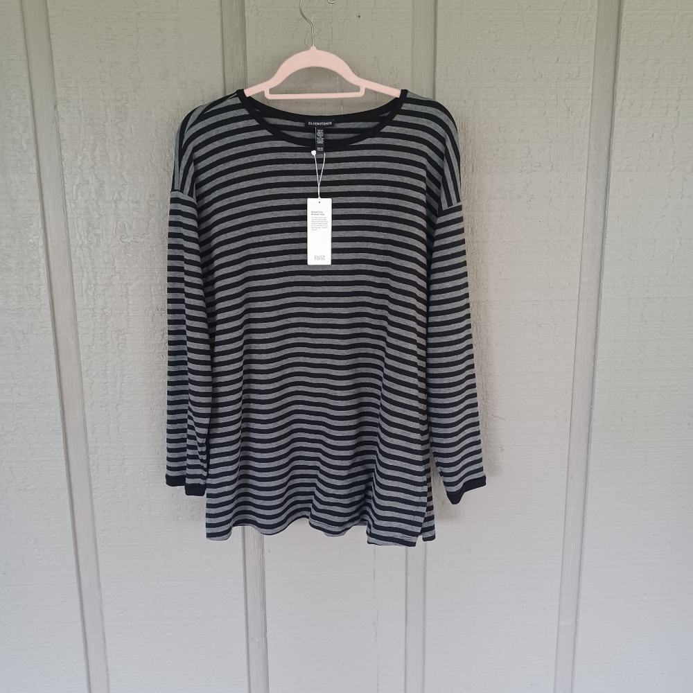 Eileen Fisher Striped Cozy Brushed Terry Long Box Top Size XS Long Sleeve Pullov